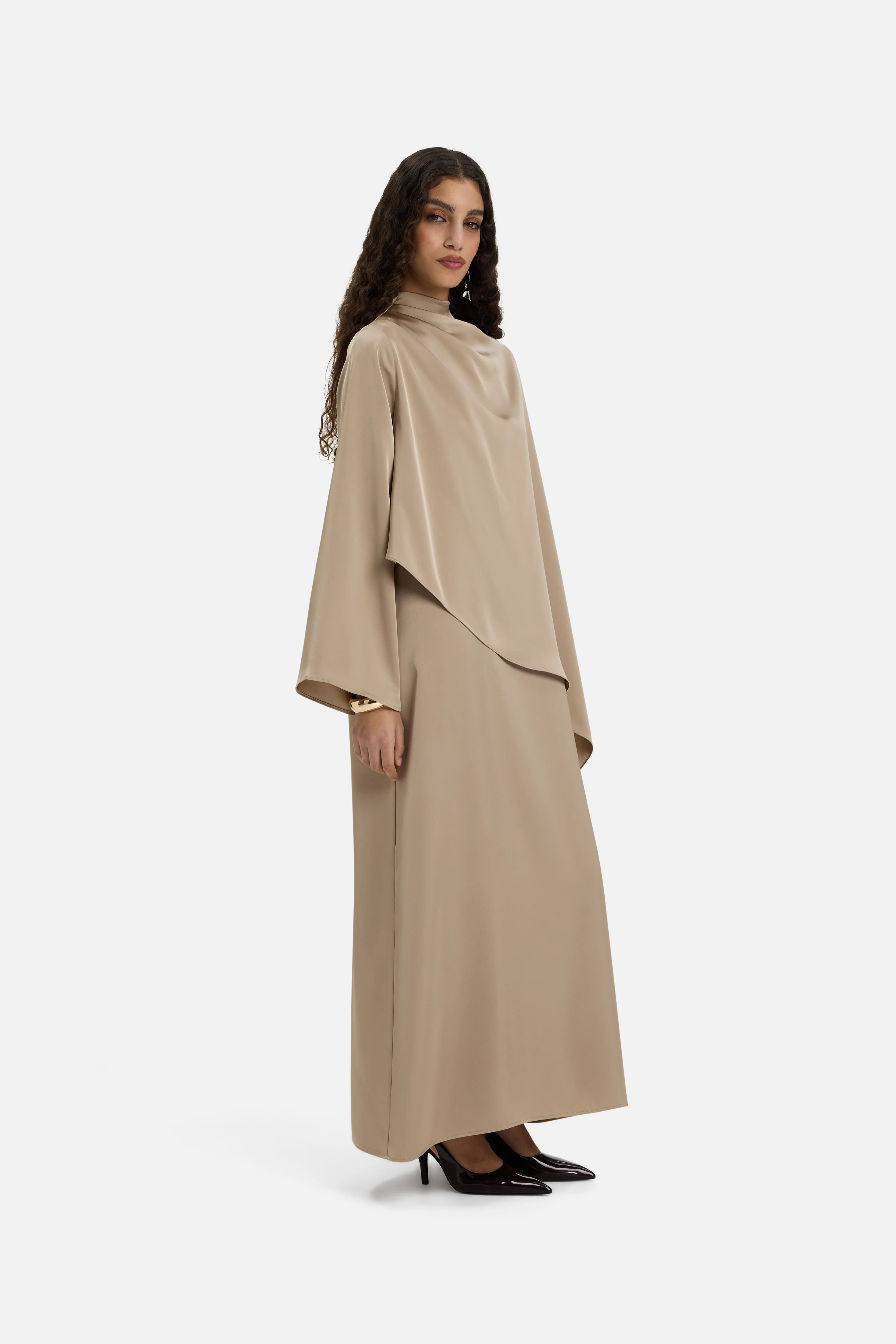 Asymmetric Cape Dress | Mocha - Image 2