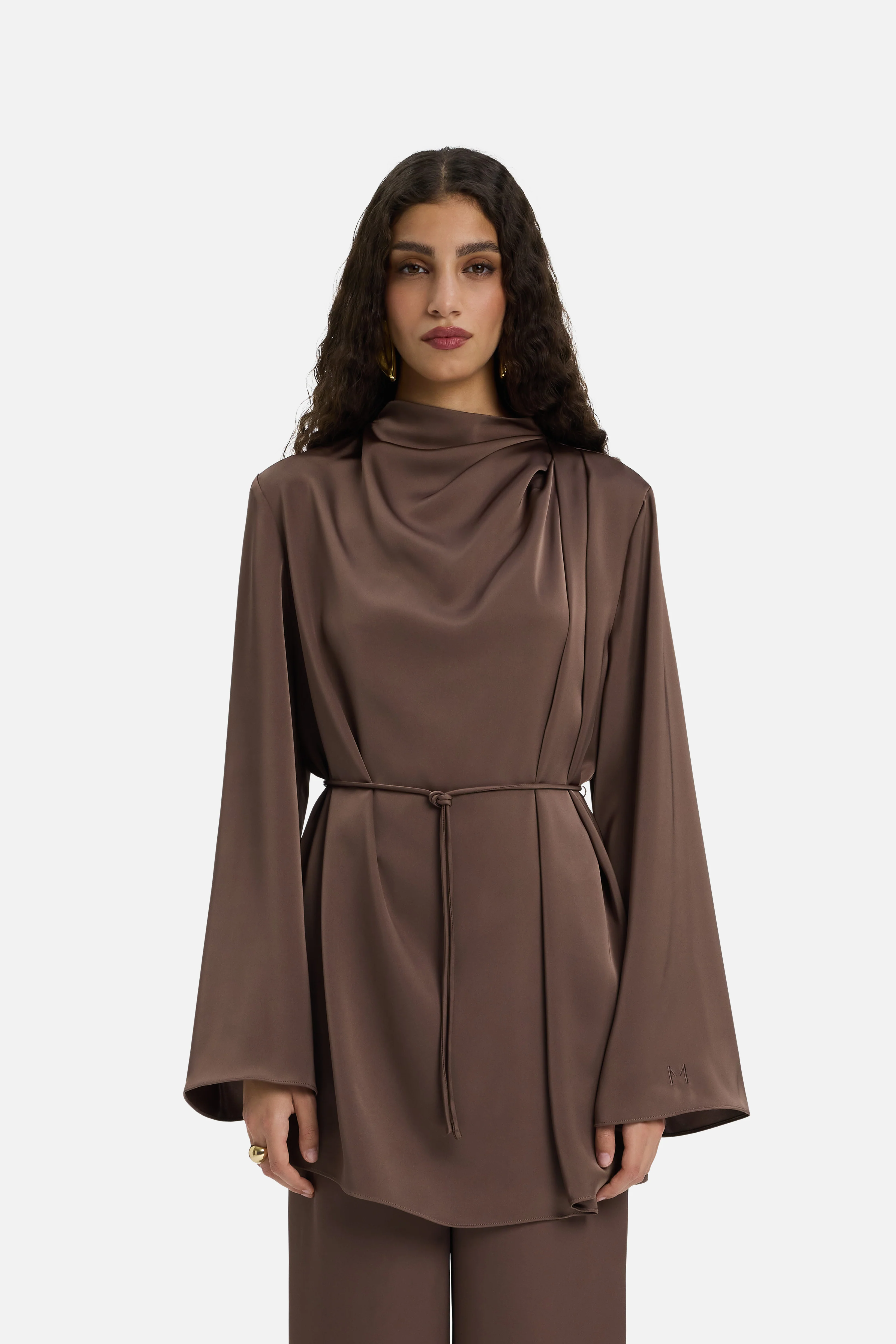 Asymmetric Pleat Blouse | Ash Brown - Image 4