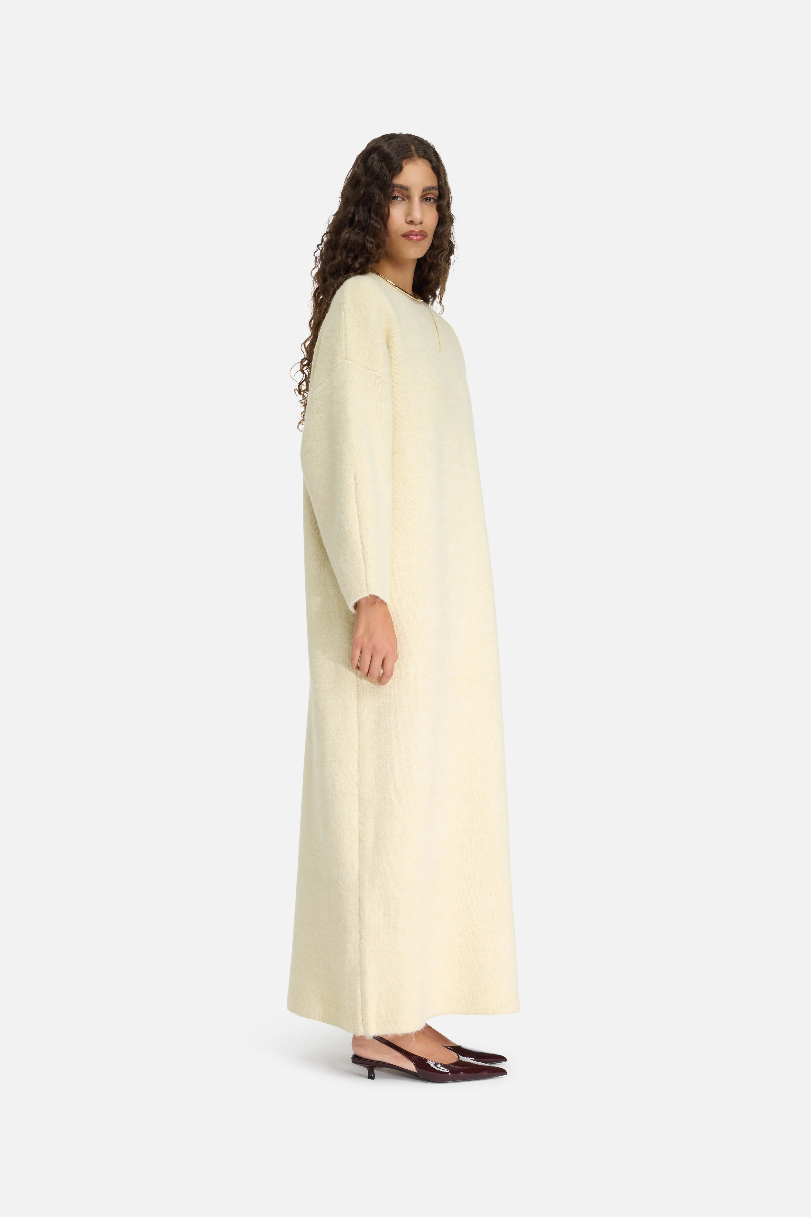 Brushed Knit V-Neck Dress | Cloud White - Image 2