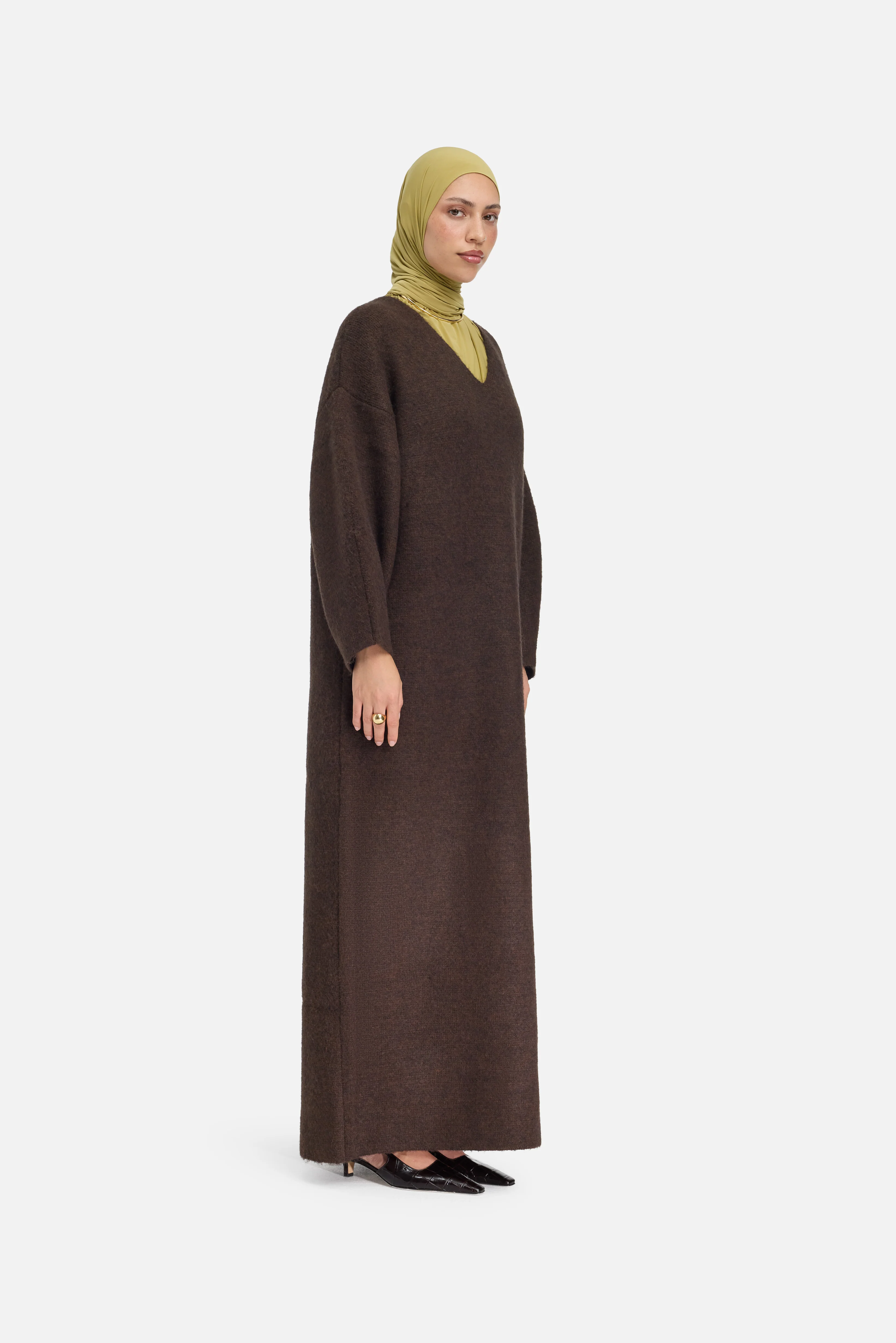 Brushed Knit V-Neck Dress | Dark Brown - Image 2