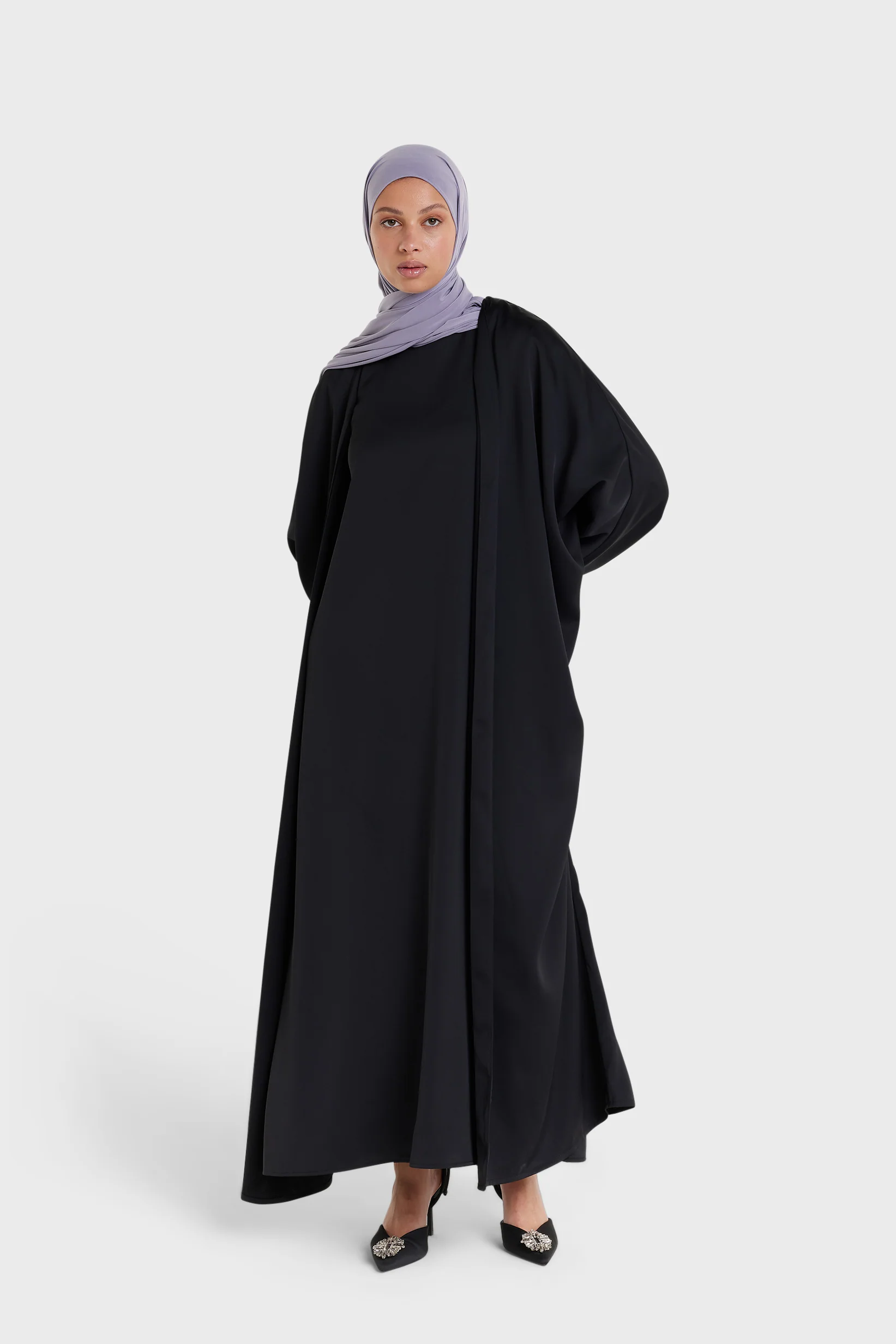Dull Satin Bat Sleeve Abaya | Black - Image 2