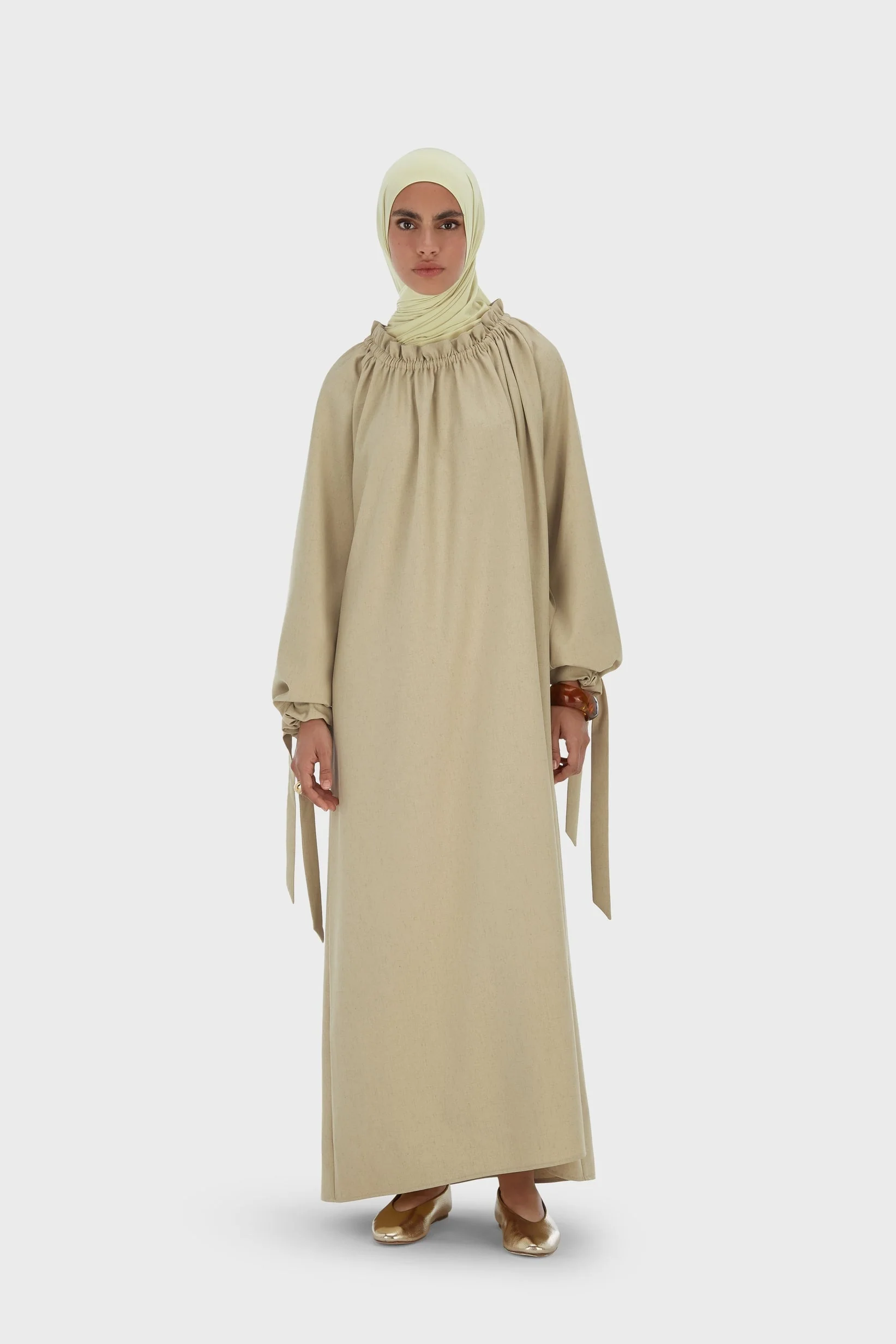 Gathered Neck Dress | Warm Khaki