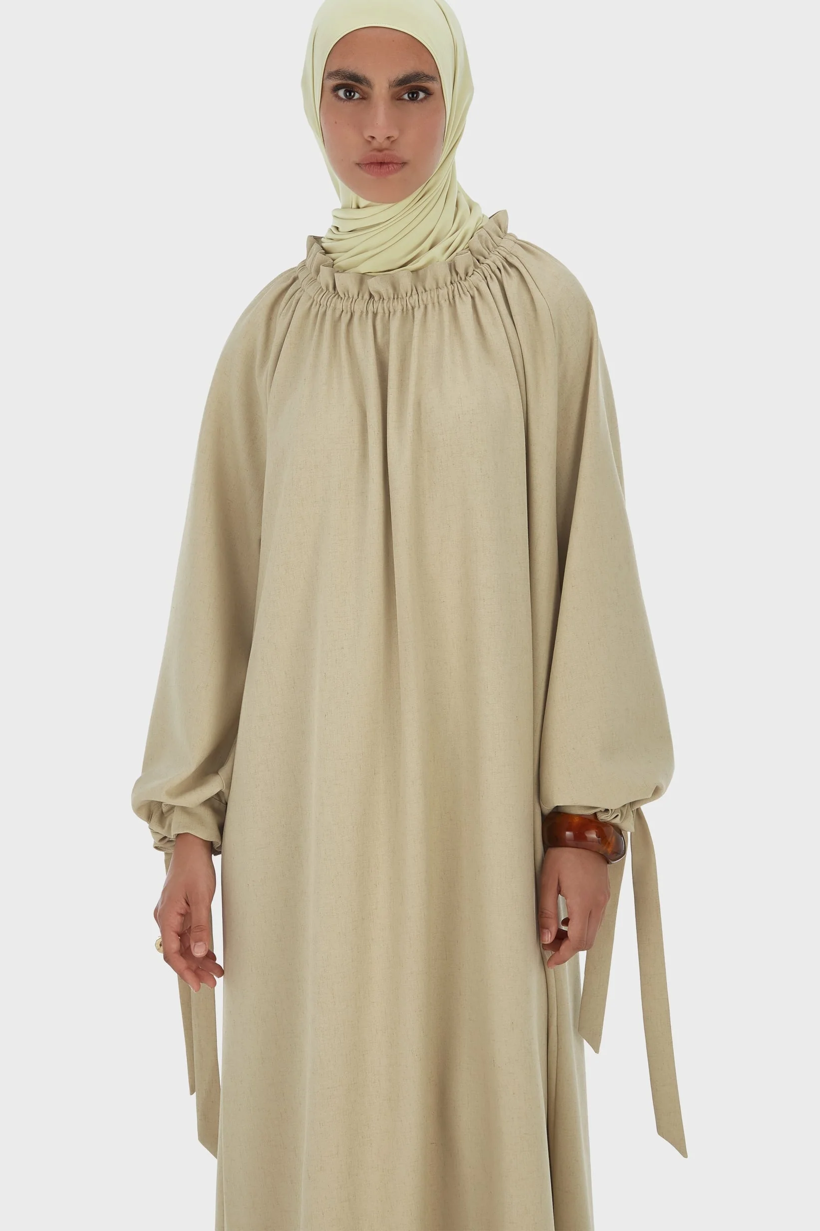 Gathered Neck Dress | Warm Khaki - Image 3