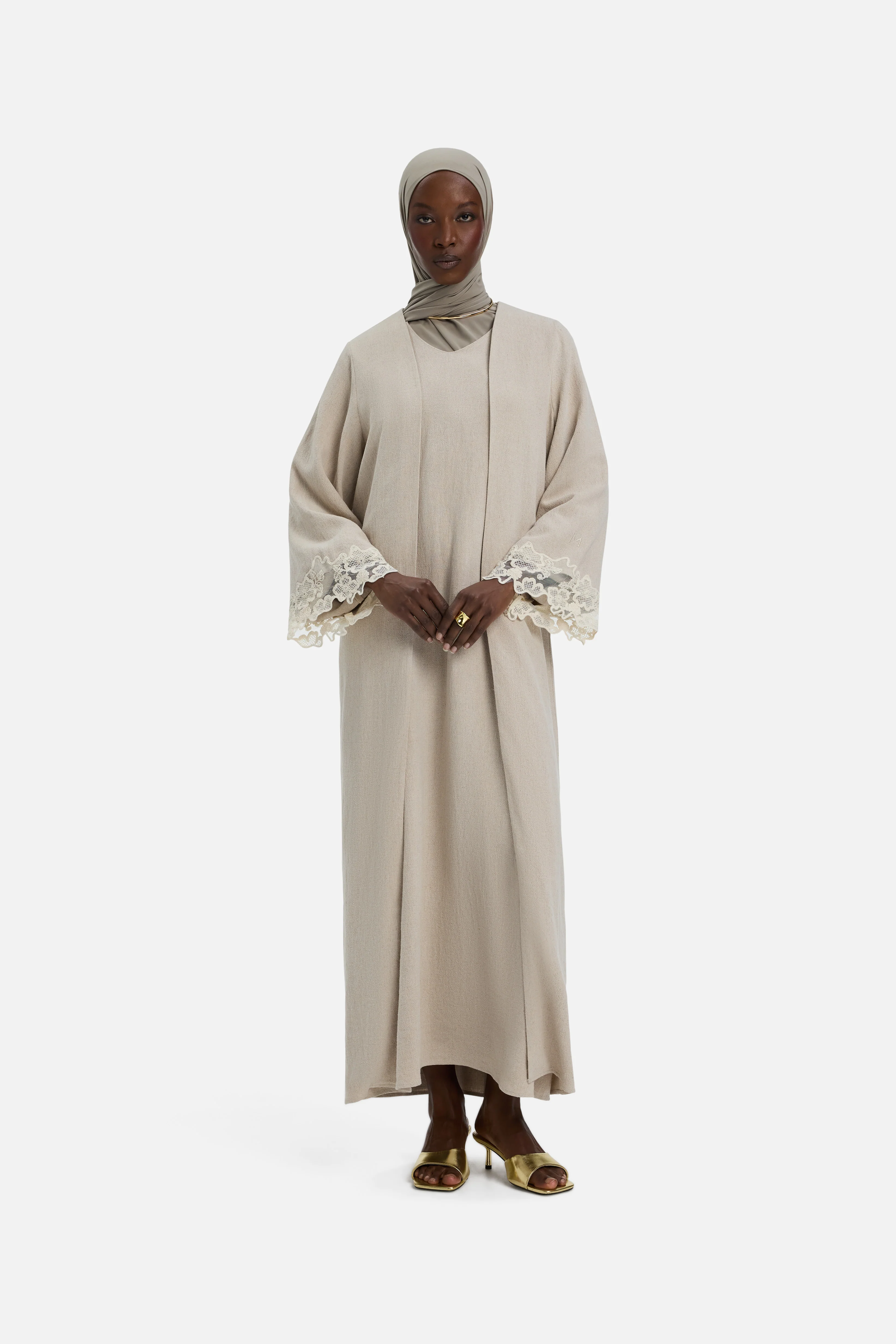 Lace Trim Abaya | Grey Sand