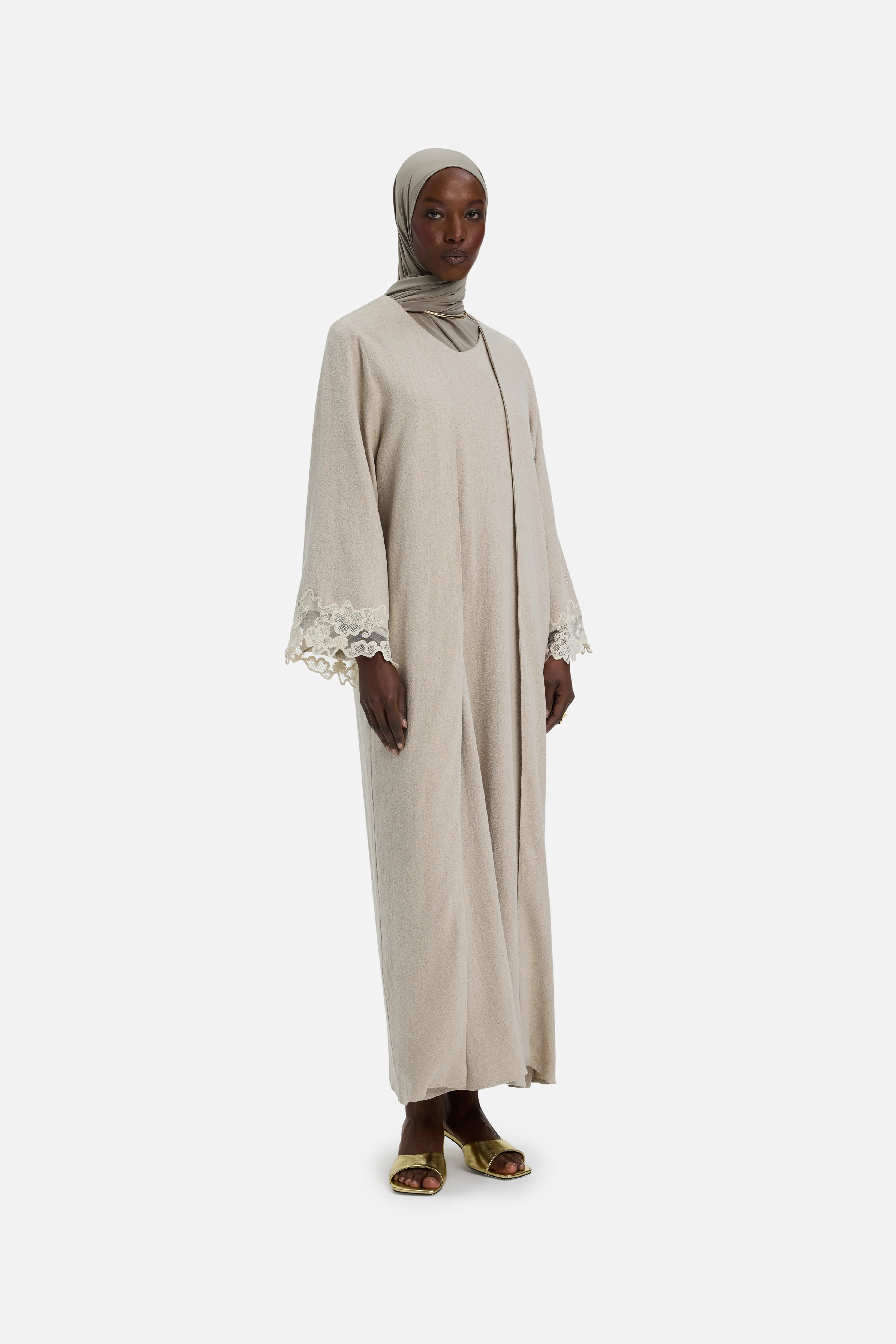 Lace Trim Abaya | Grey Sand - Image 2