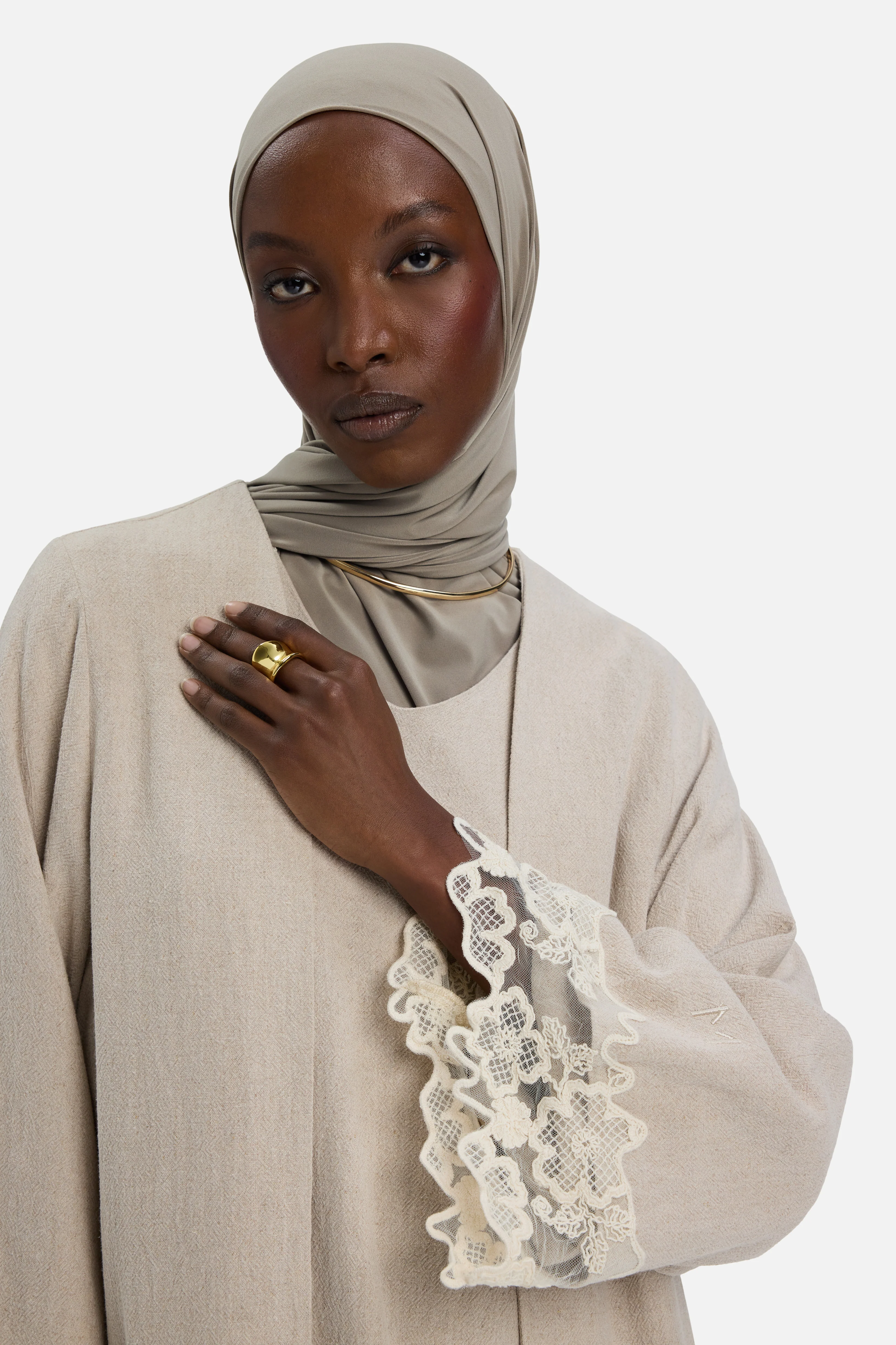Lace Trim Abaya | Grey Sand - Image 5