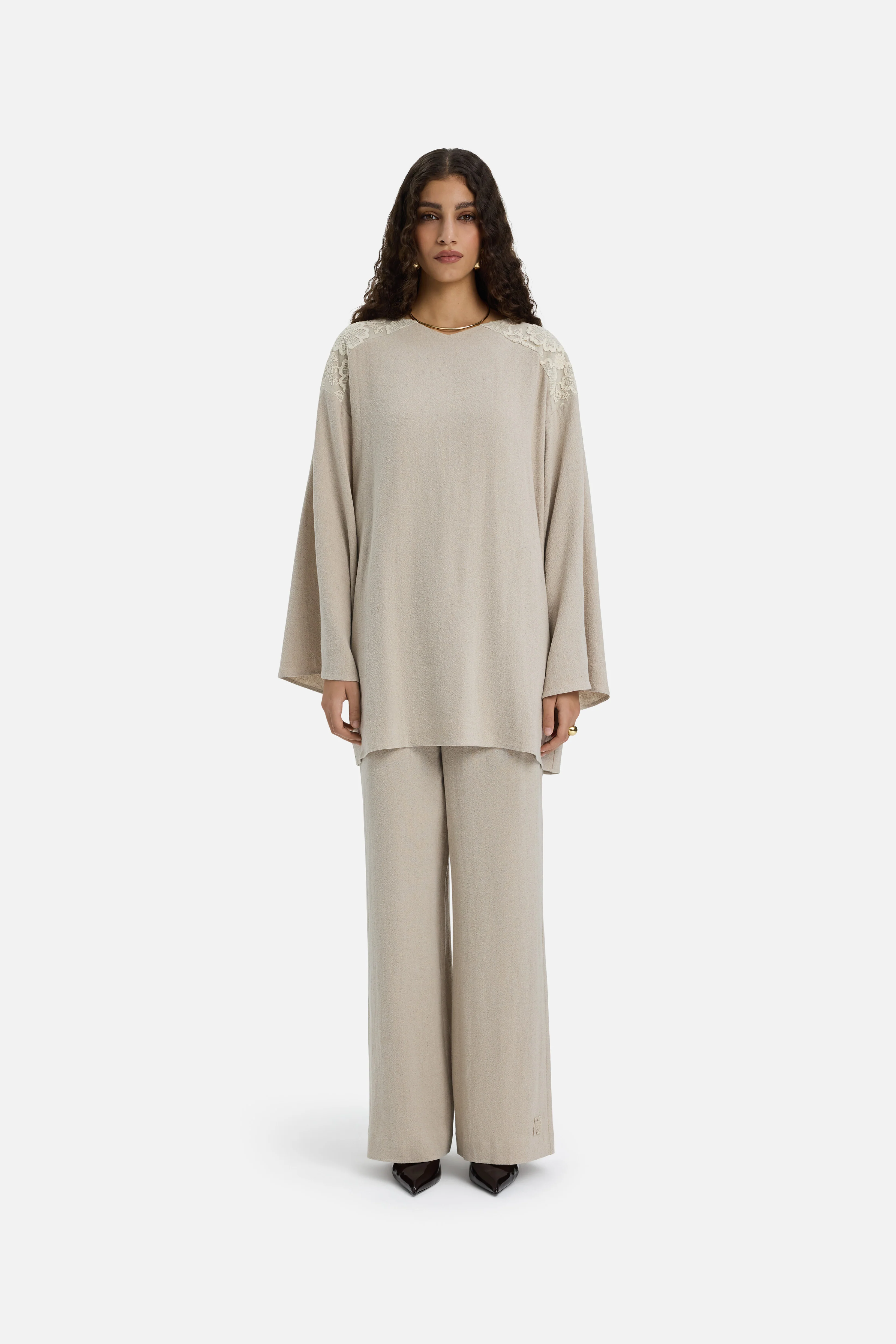 Lace Trim Top | Grey Sand