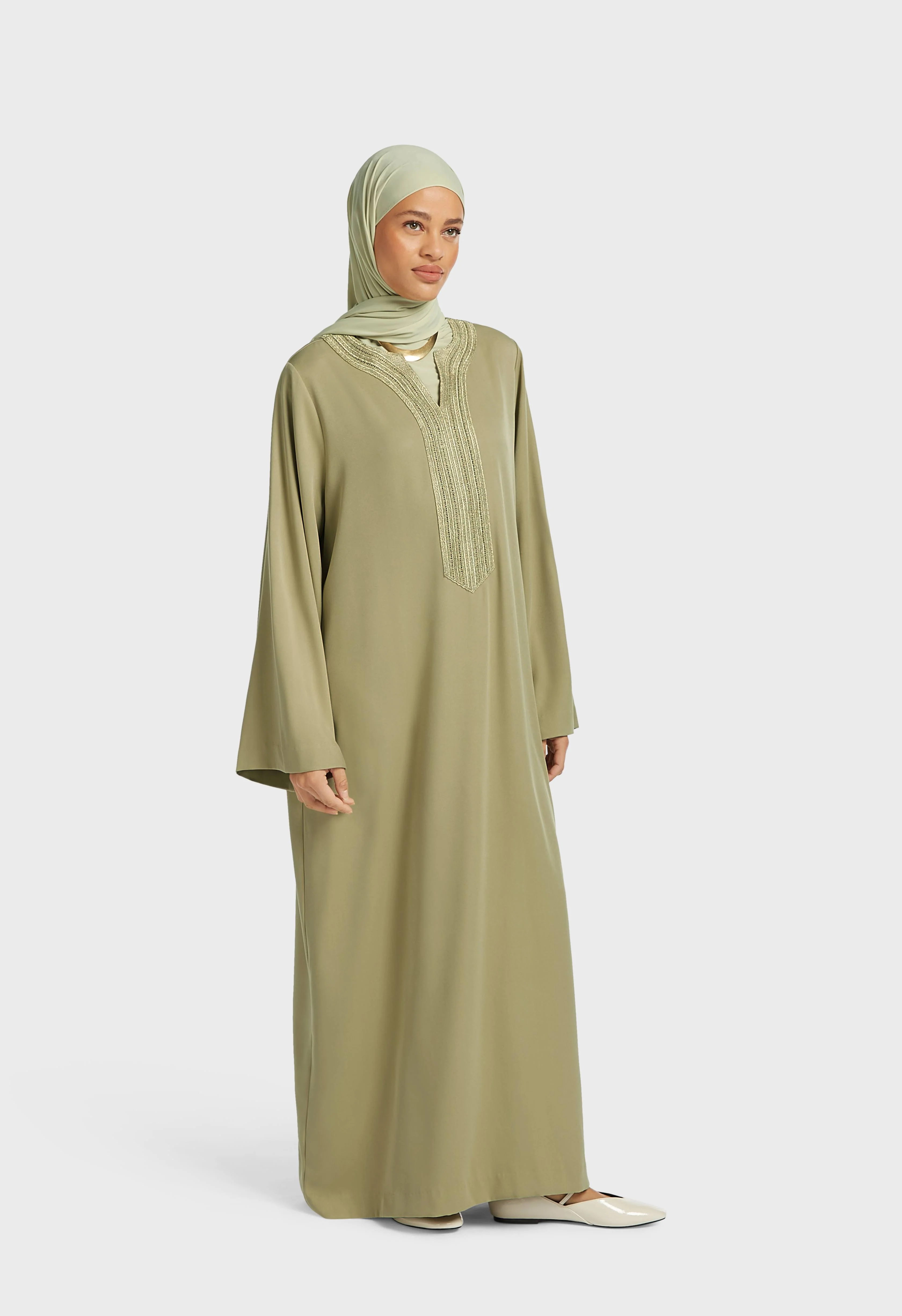Lurex Embroidered Kaftan Dress | Grey Green - Image 2