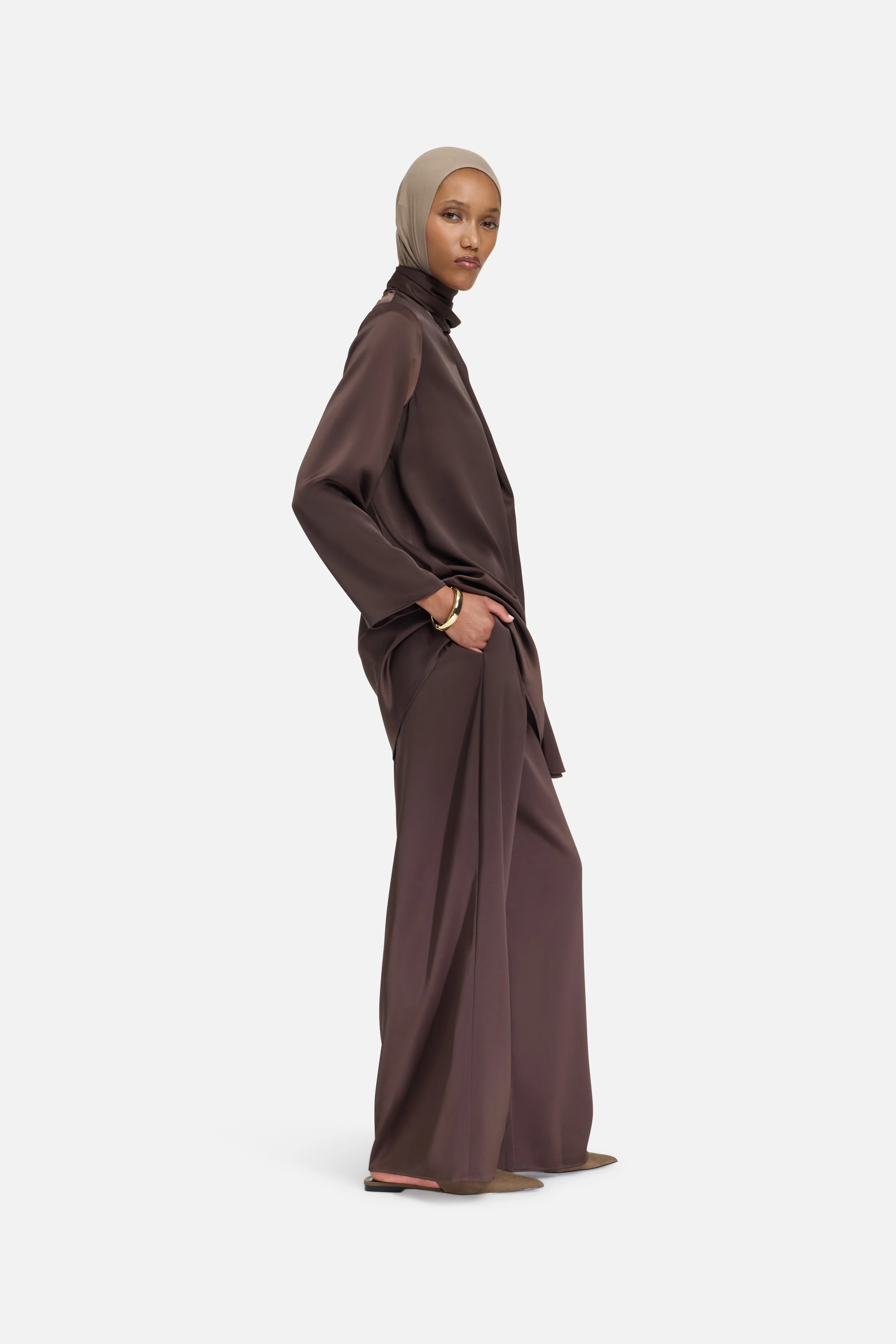 Satin Pleated Pants | Dark Brown - Image 2