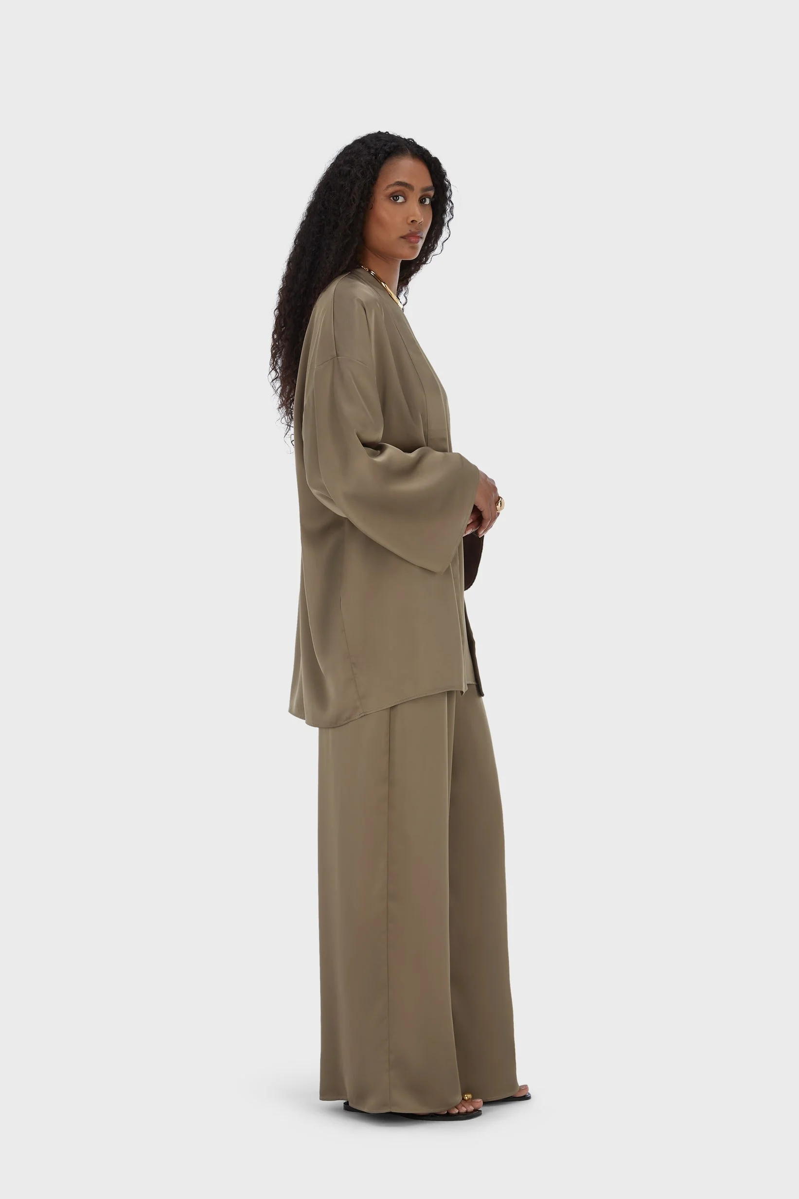 Short Satin Abaya | Taupe - Image 2