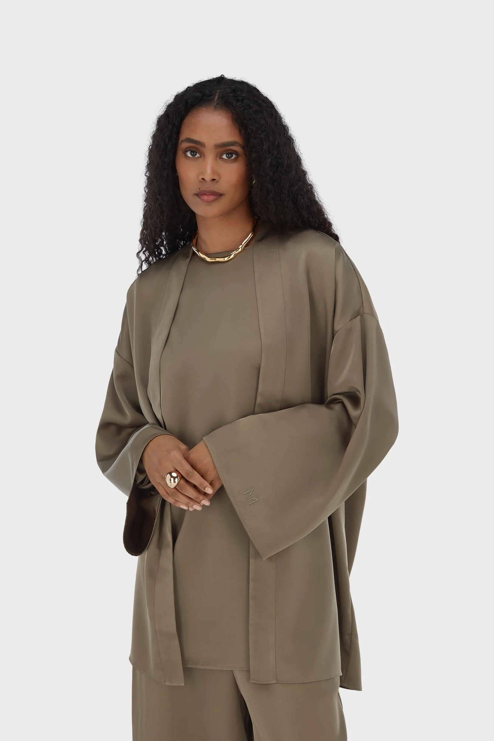 Short Satin Abaya | Taupe - Image 3