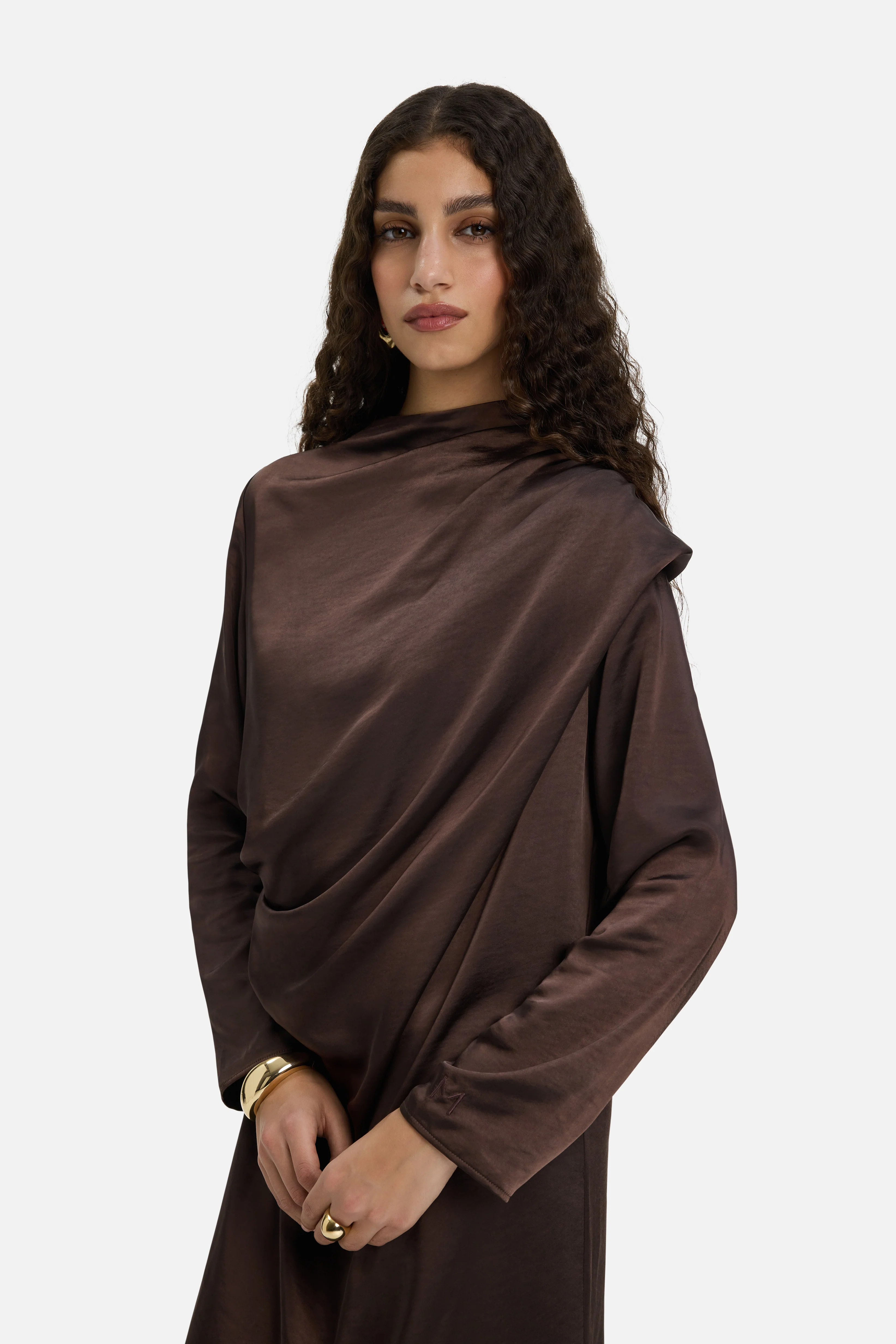 Shoulder Drape Dress | Dark Brown - Image 5