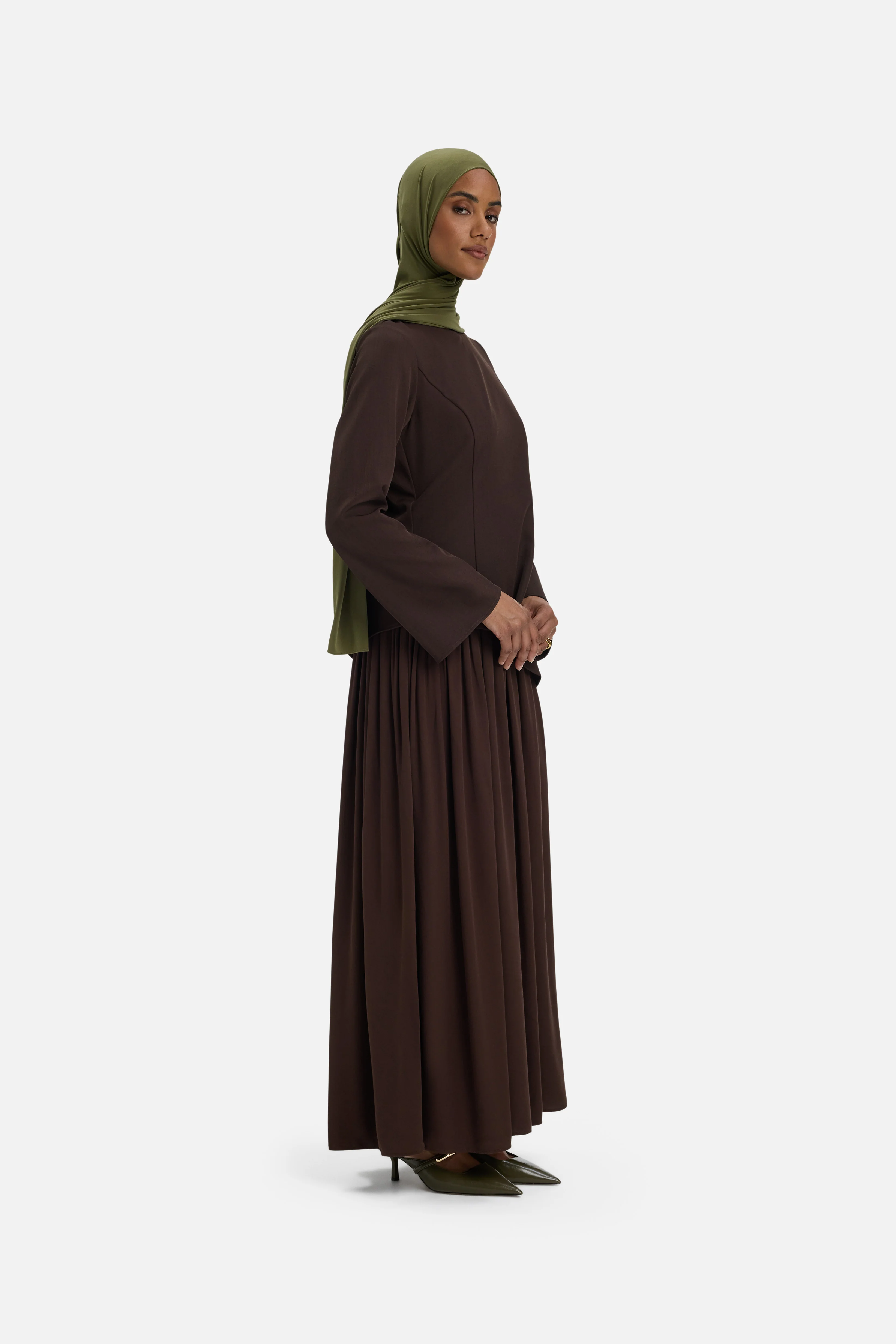 [PREORDER] Soft Curved Tailored Dress | Dark Brown - Image 2