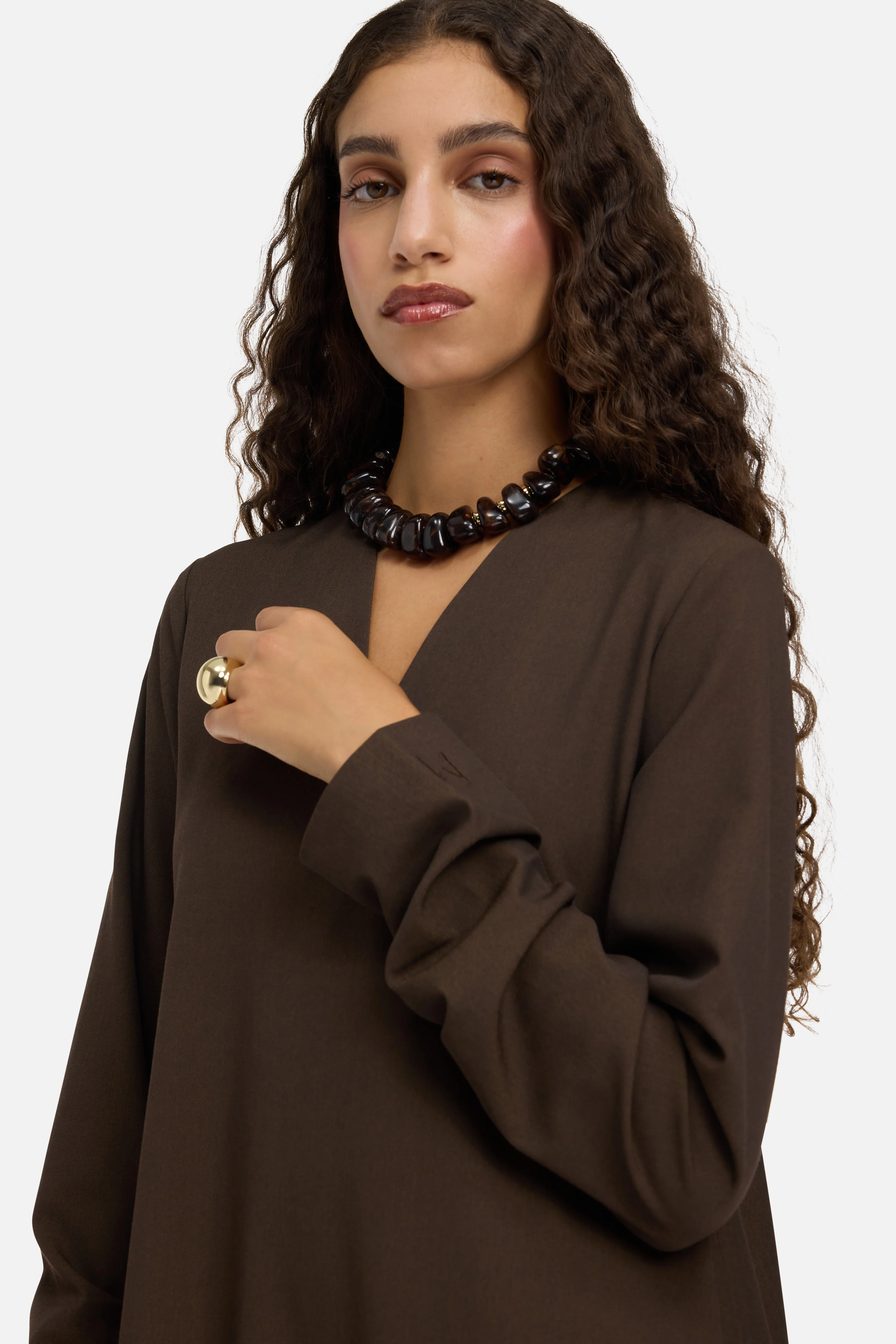 Tailored V-Neck Dress | Dark Brown - Image 3