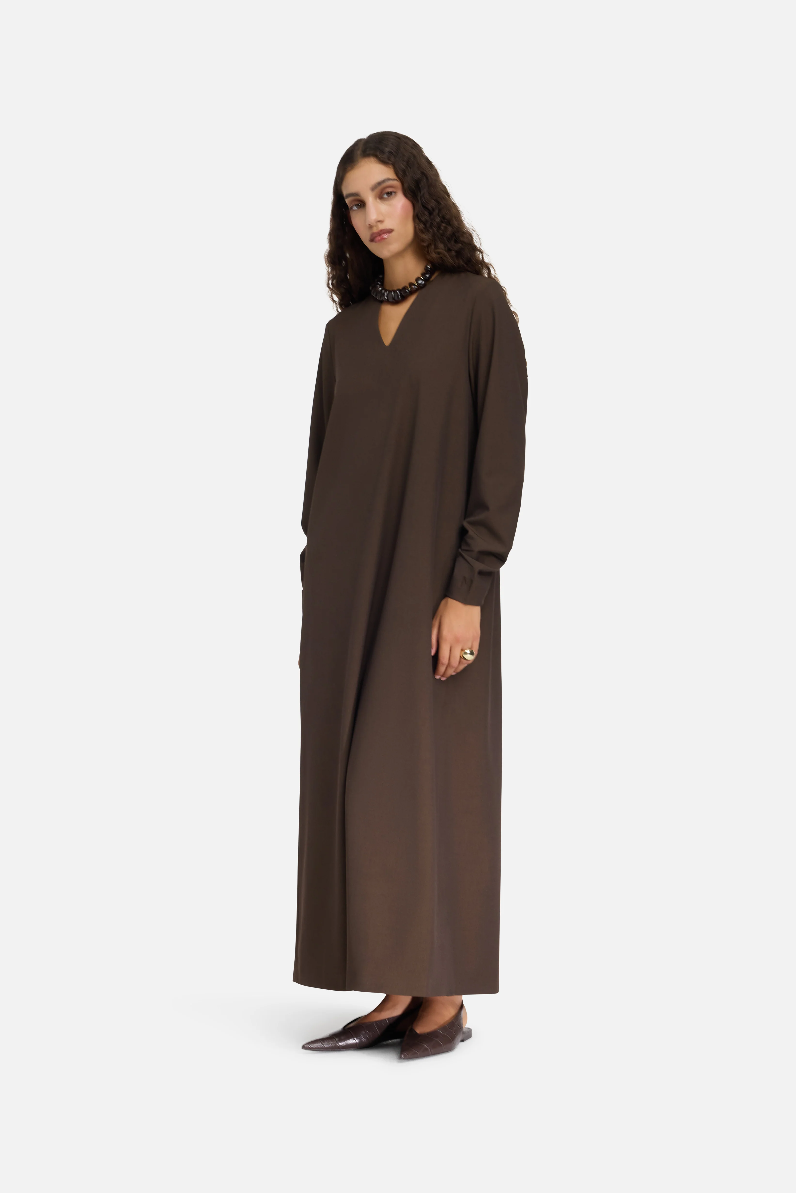Tailored V-Neck Dress | Dark Brown - Image 4